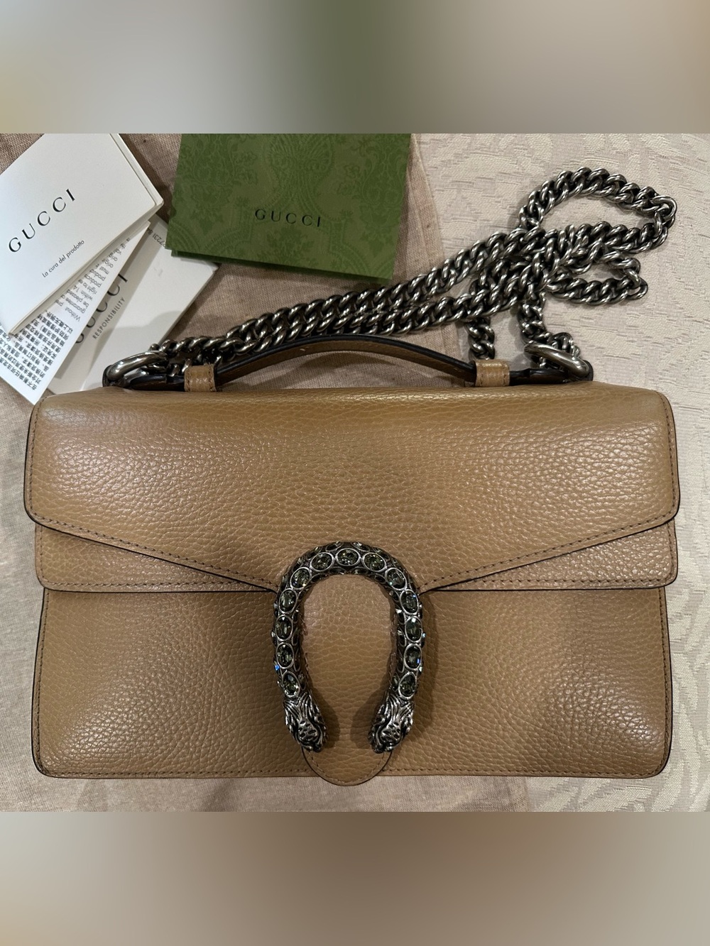 Gucci Taupe Leather Dionysus Small Shoulder Bag with Chain Strap